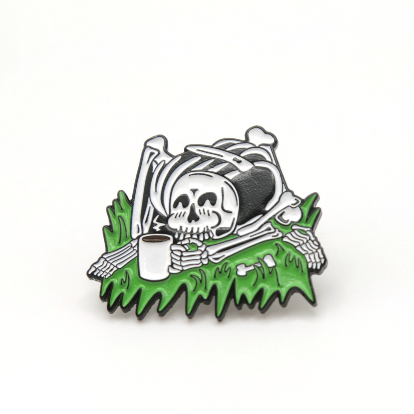 Coffee drinking Pile of Bones 1.25" Enamel Pin